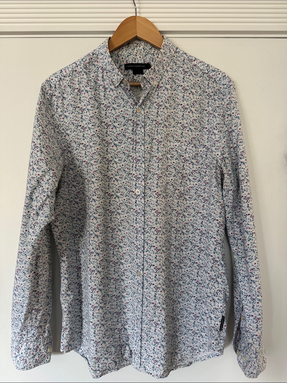 French Connection White Button-Down Shirt with Blue & Pink Micro Floral